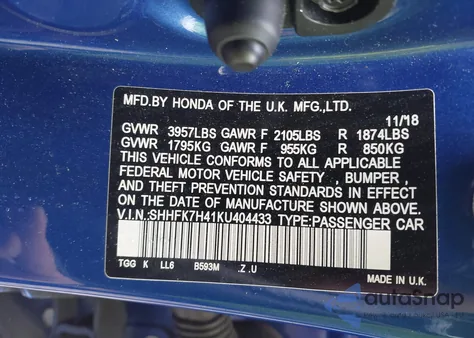 2019 Honda Civic Sport z USA, uszkodzony, nr VIN SHHFK7H41KU404433